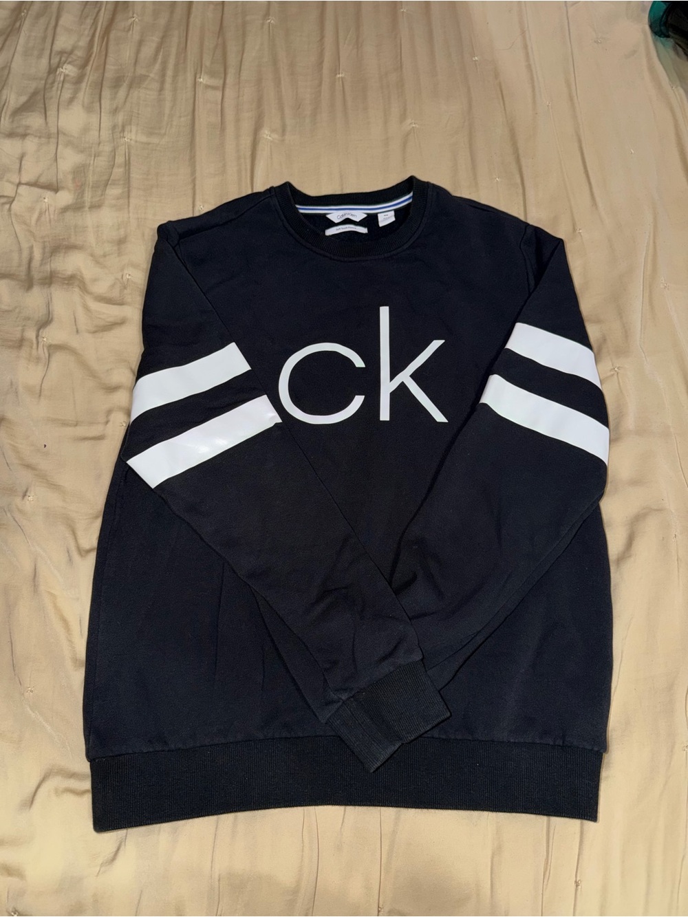 Calvin Klein Black Crewneck Sweatshirt with White Sleeve Stripes and CK Logo